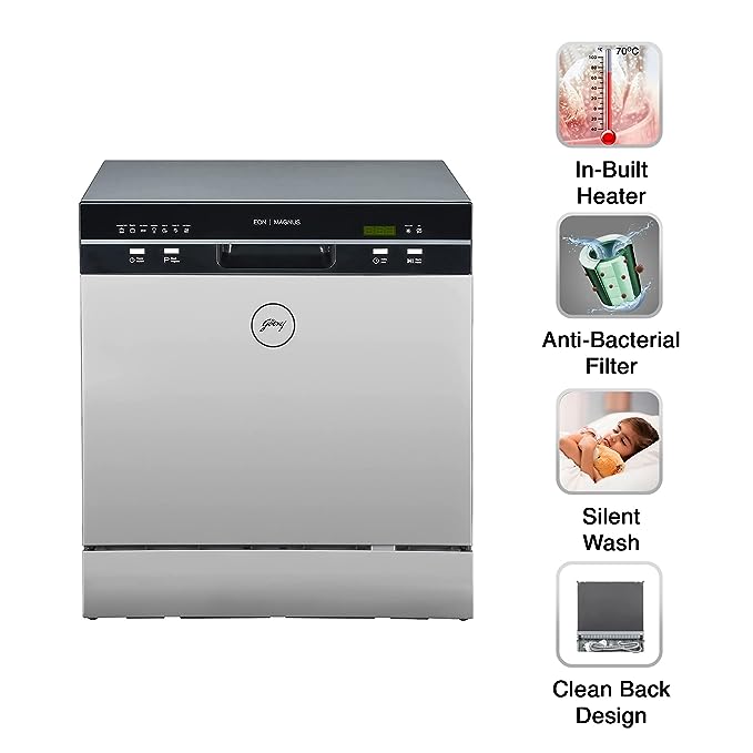 Godrej Eon Dishwasher | 8 Place Setting Counter-Top | Compact with an In-built heater (DWT EON MGNS 8C NF SKSL, Silky Silver) | Perfect for Indian kitchens and smaller families (OPEN BOX) Godrej Eon Dishwasher | 8 Place Setting Counter-Top | Compact with an In-built heater (DWT EON MGNS 8C NF SKSL, Silky Silver) | Perfect for Indian kitchens and smaller families (OPEN BOX)